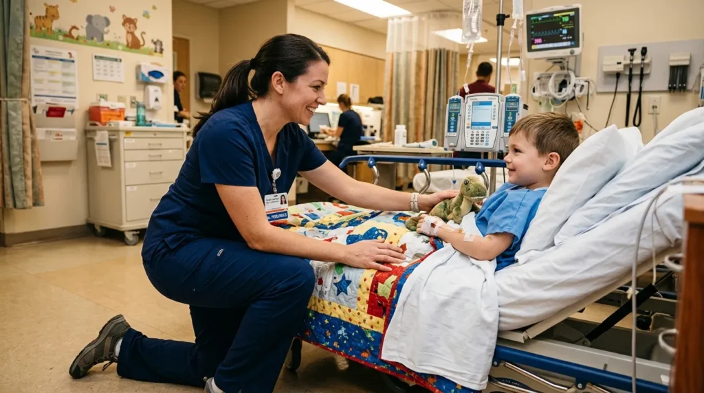 A nurse in navy blue scrubs kneeling beside a hospital bed during a pediatric emergency, demonstrating the need for flexible, durable medical scrubs