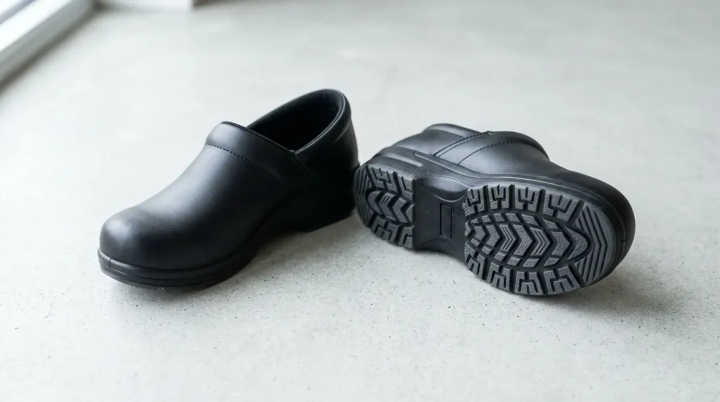 Black nursing clogs with slip-resistant sole and enclosed toe and heel for hospital use