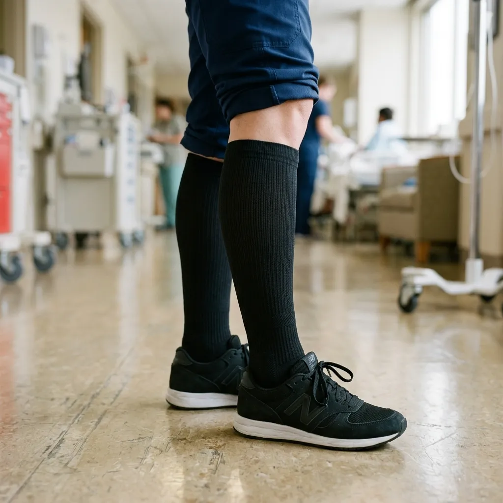 Physix Gear Sport 20-30 mmHg compression socks in black shown on a nurse's legs during an ICU shift