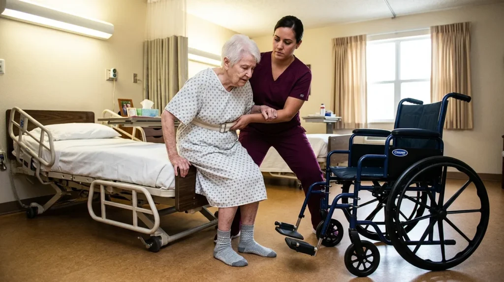 CNA in durable dark scrubs assisting an elderly patient with a transfer from bed to wheelchair, showing the physical demands of patient care work