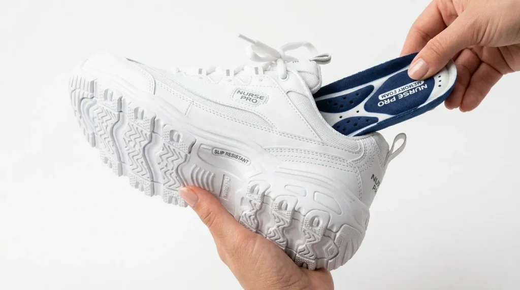 Close-up of nursing shoe sole showing slip-resistant tread pattern and cushioned insole