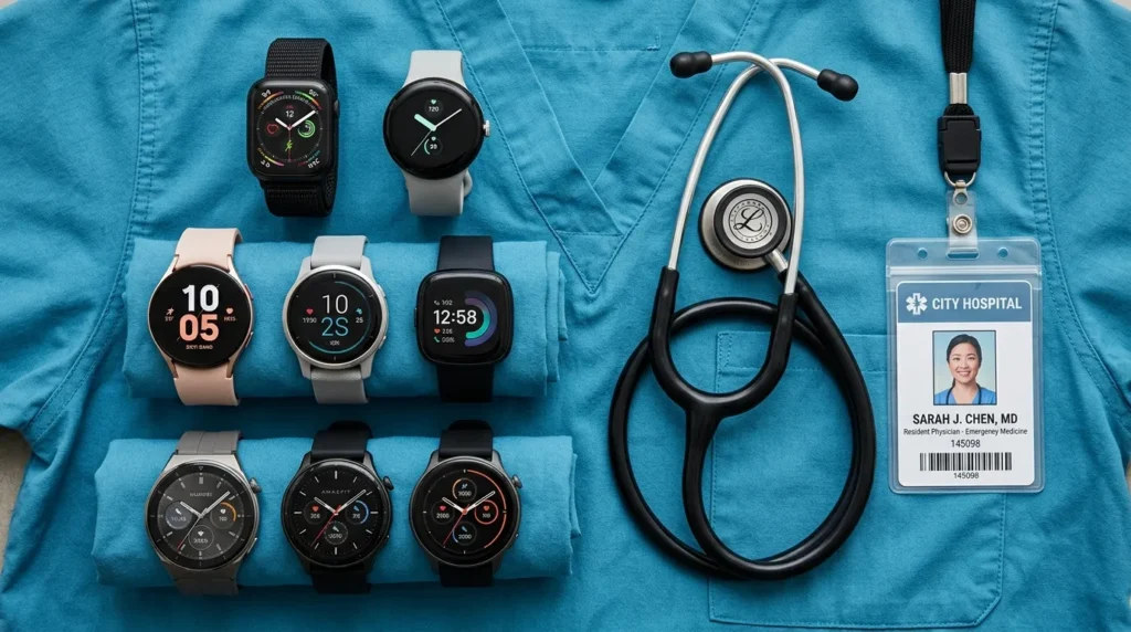Collection of best smartwatches for nurses displayed on blue medical scrubs with a stethoscope