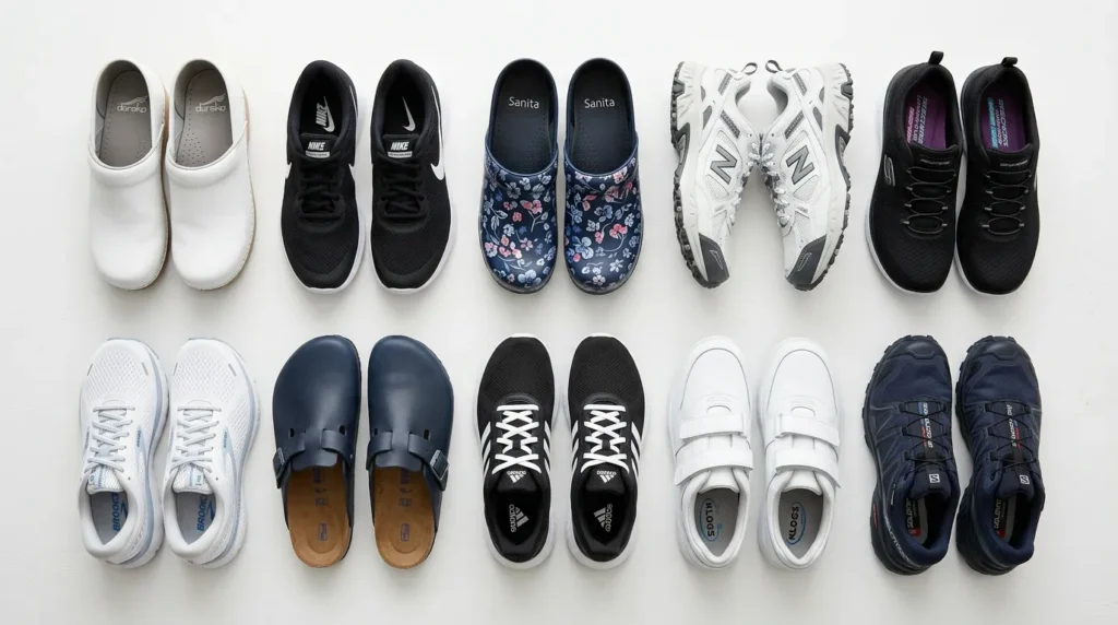 Collection of ten different affordable nursing shoe styles laid out for comparison on a flat surface