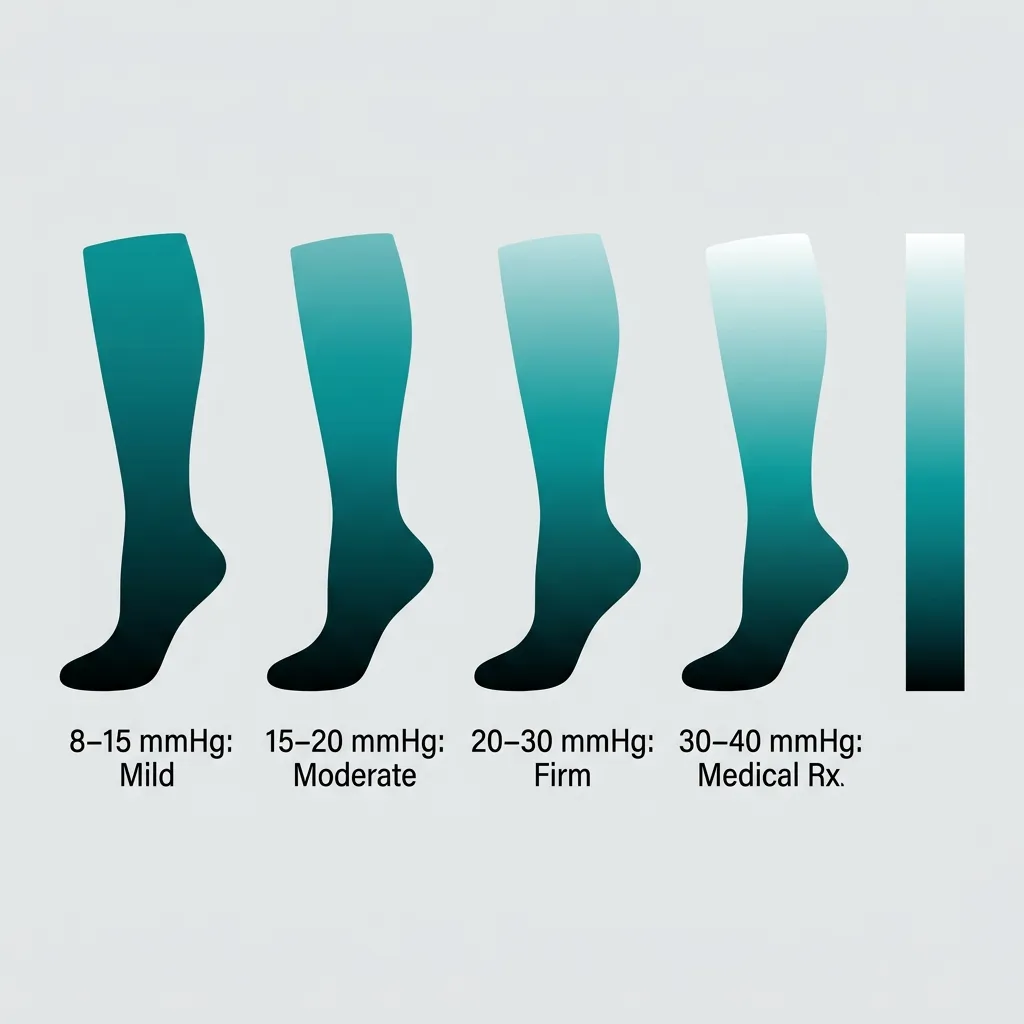 Compression sock pressure level chart showing 8-15 mmHg mild, 15-20 mmHg moderate, and 20-30 mmHg firm compression for nurses