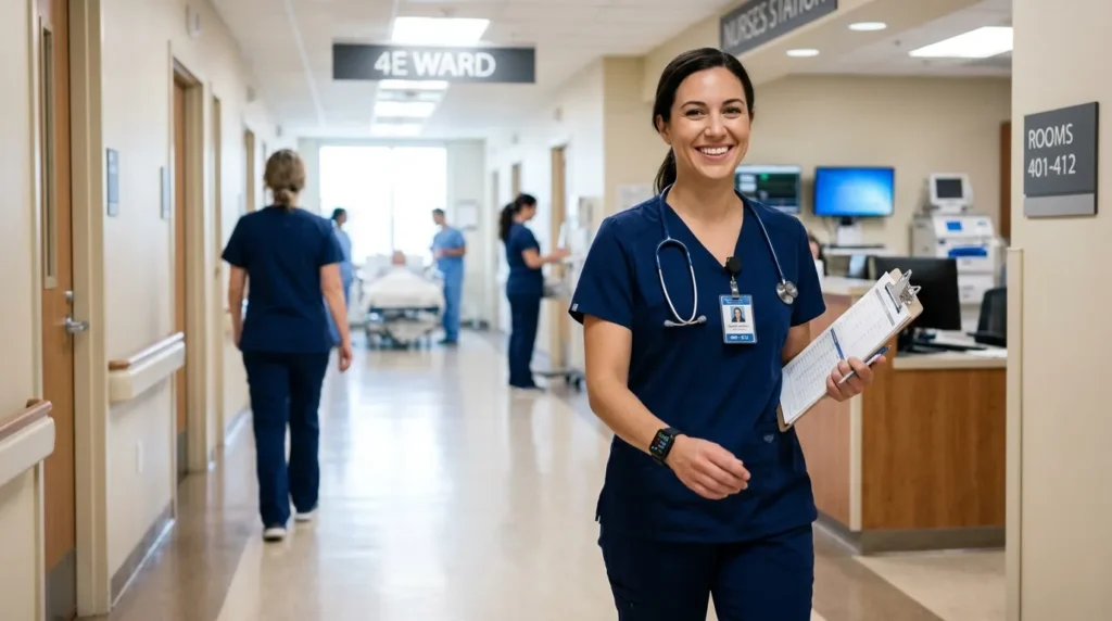 Confident nurse walking through hospital hallway wearing a smartwatch alongside a stethoscope, ready for a shift