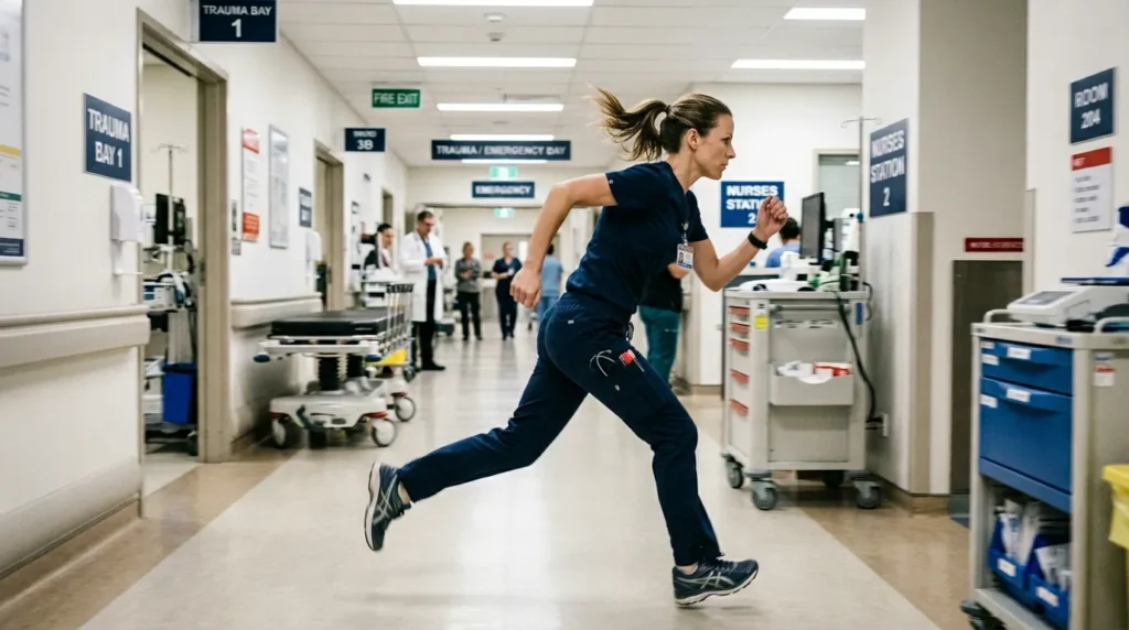 Emergency department nurse in dark navy scrubs running through a hospital corridor toward a trauma bay, demonstrating the mobility demands of ER nursing