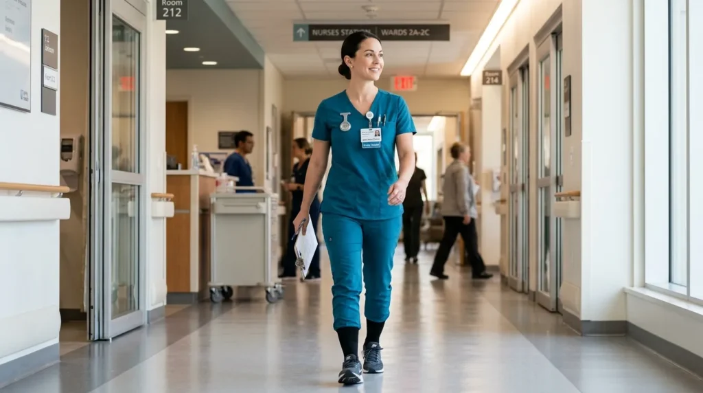 A nurse in teal scrubs wearing a badge reel, fob watch, and small stud earrings, smiling confidently in a hospital corridor