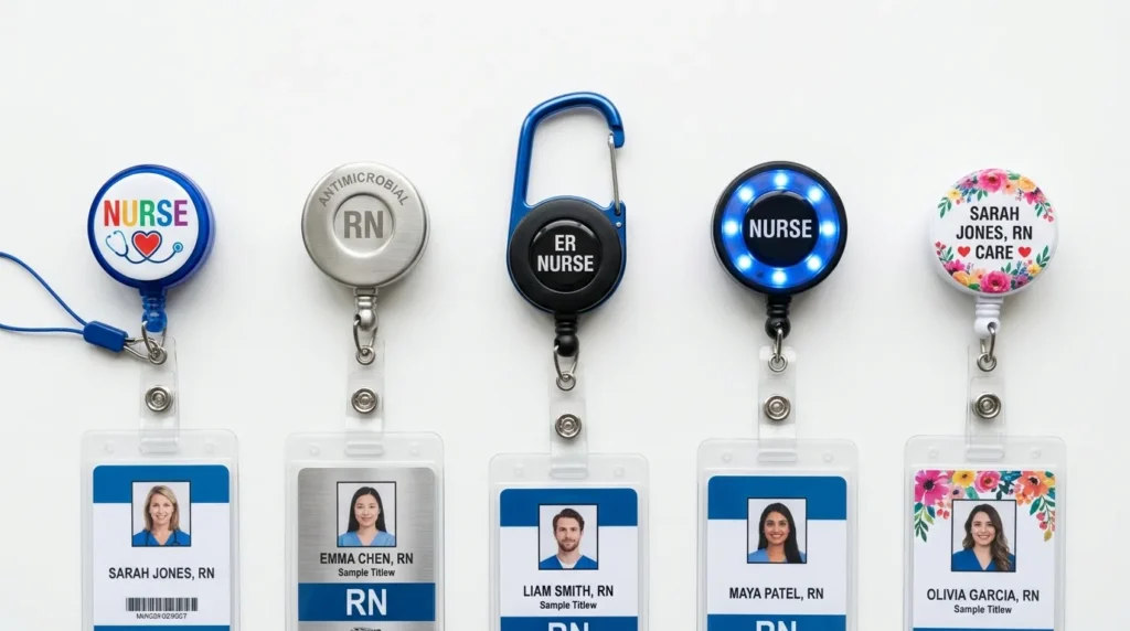Assortment of retractable badge reels for nurses including antimicrobial, carabiner, and LED styles clipped to various scrub tops