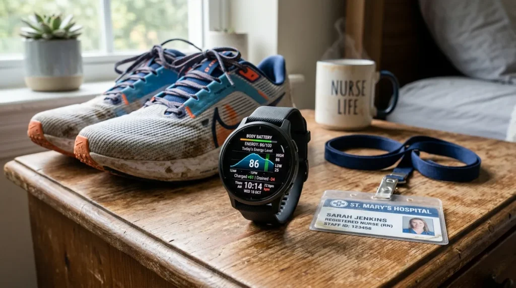 Garmin-style smartwatch displaying energy score and health metrics for an active nurse