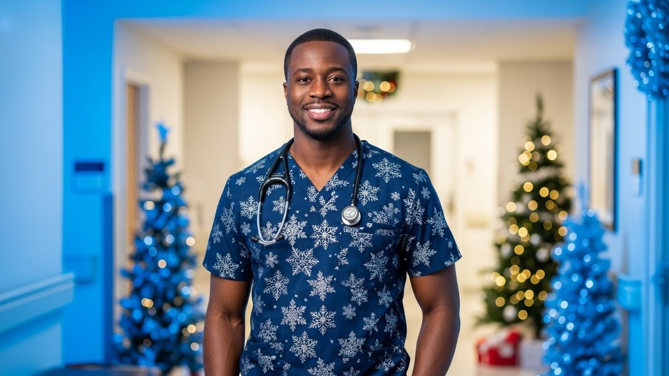 festive nursing uniforms, Christmas scrubs, seasonal scrubs, appropriate holiday workwear