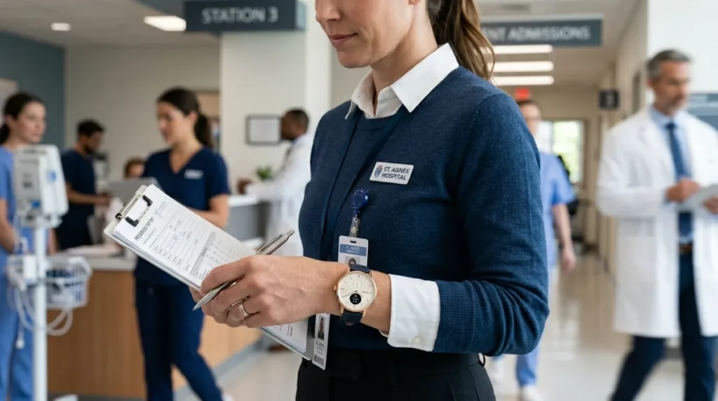 Hybrid smartwatch with traditional analog design worn professionally by a nurse in a clinical setting