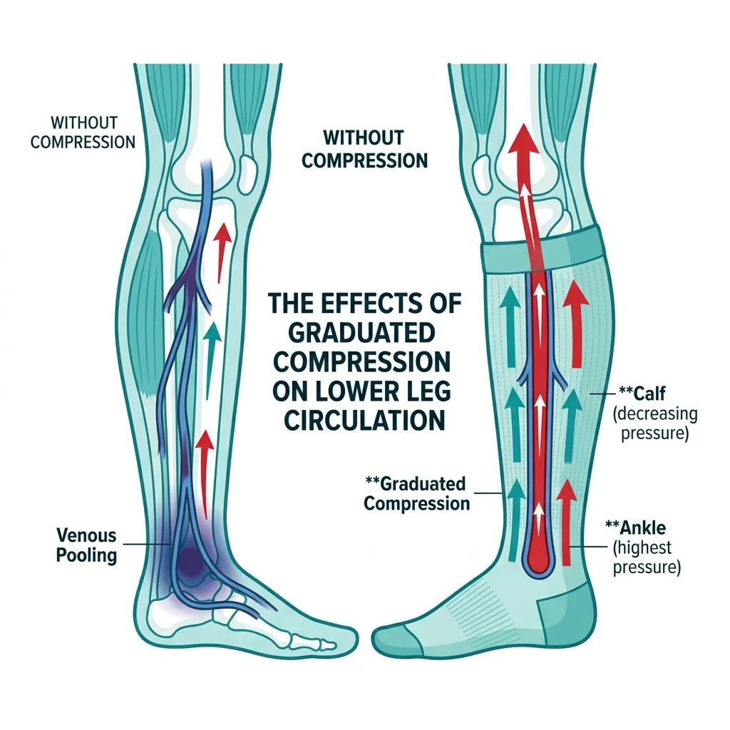 Diagram showing how graduated compression socks improve blood circulation in a nurse's legs during long shifts