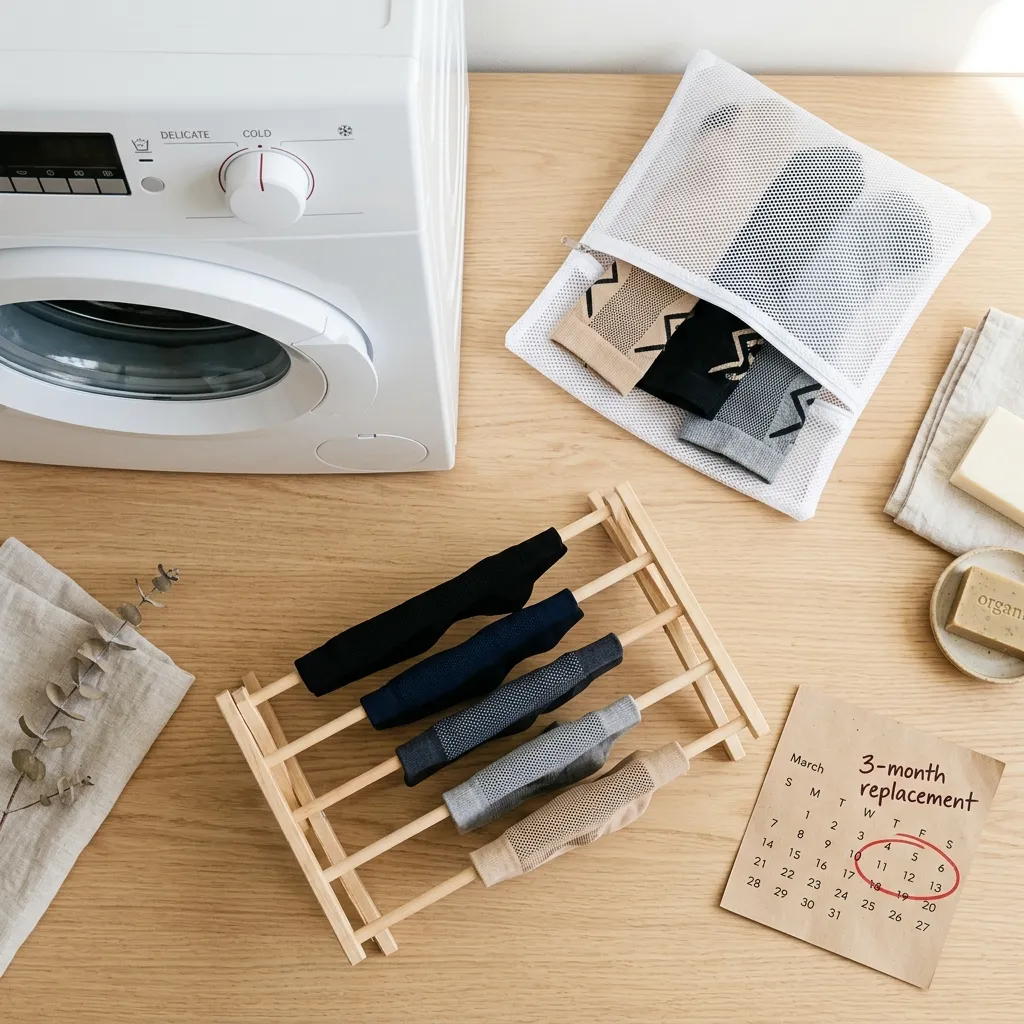 Proper compression sock care guide showing cold water washing, air drying, and storage for nurses to extend sock lifespan