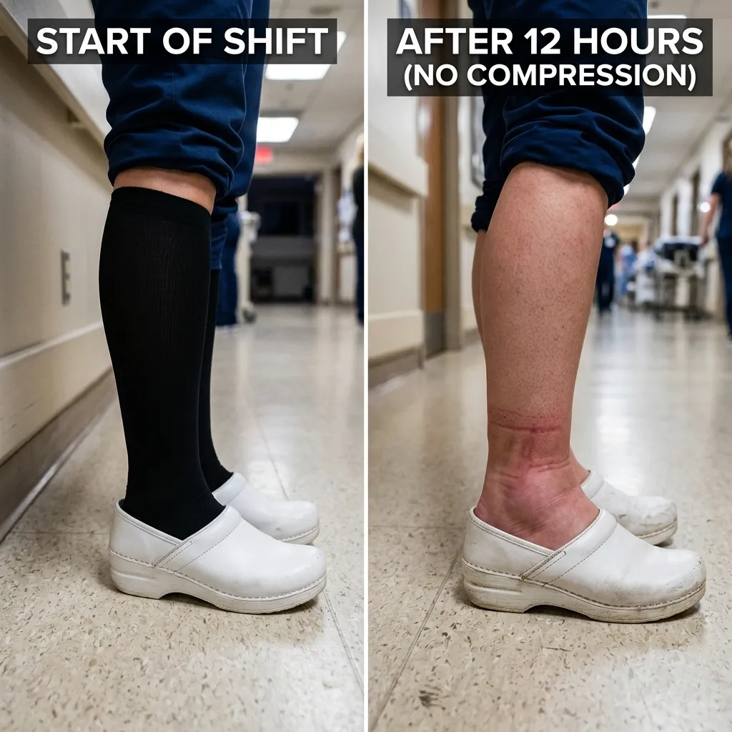 Comparison of healthy nurse legs versus swollen ankles after a 12-hour hospital shift without compression socks