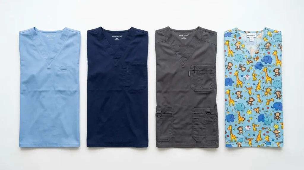 Close-up flat lay of medical scrub tops from different specialties showing varying pocket configurations — from minimal OR pockets to multi-cargo ER pockets