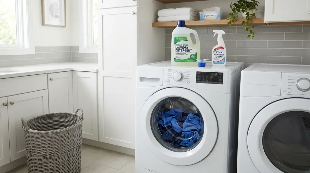 Medical scrubs being laundered in a hospital-grade washing machine with a stain treatment spray bottle beside them, illustrating proper scrub care protocols
