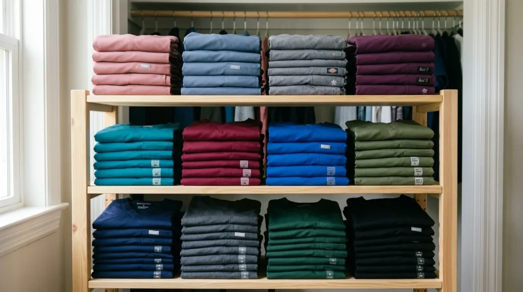 Neatly folded stack of medical scrub sets in different colors arranged by budget tier, representing a strategic scrub wardrobe for healthcare workers