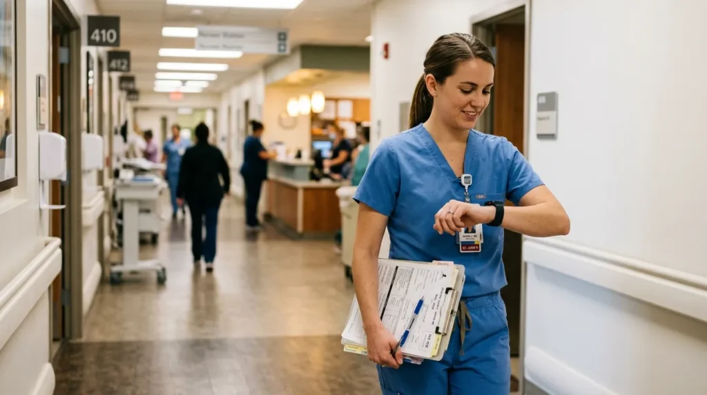 Nurse checking time on a smartwatch during a busy hospital shift