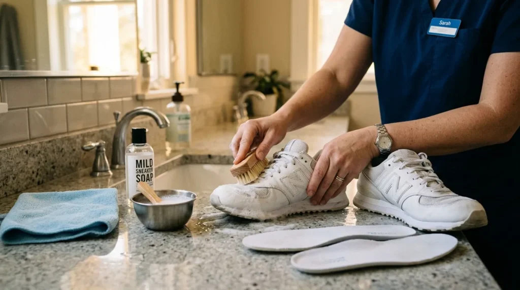 Nurse cleaning white nursing shoes with a cloth and mild soap after a hospital shift
