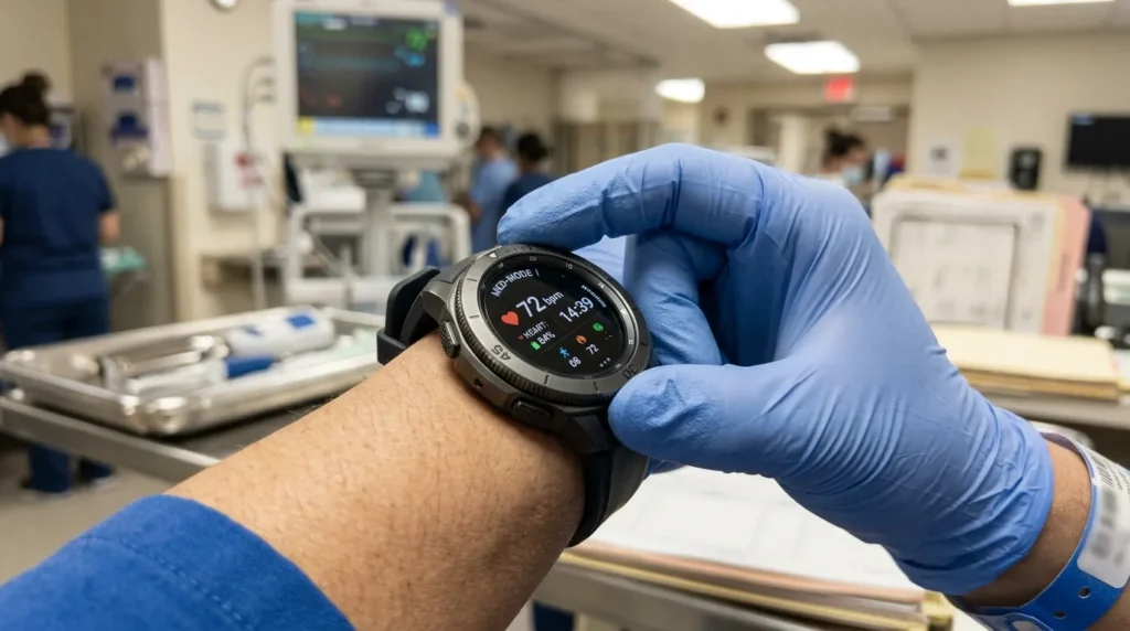 Nurse in medical gloves operating a smartwatch with a rotating bezel during patient care