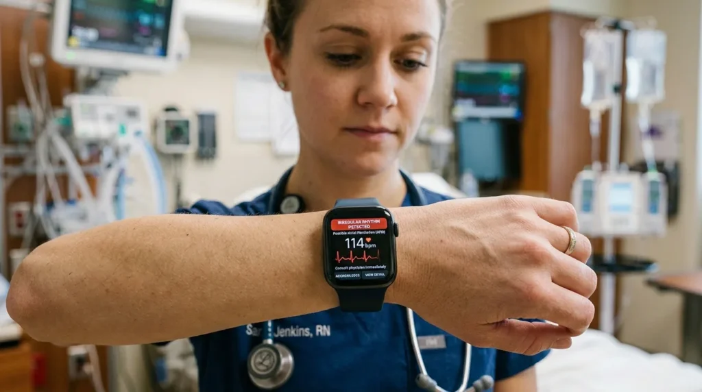 Nurse reviewing a health alert notification on a smartwatch showing an irregular heart rhythm warning