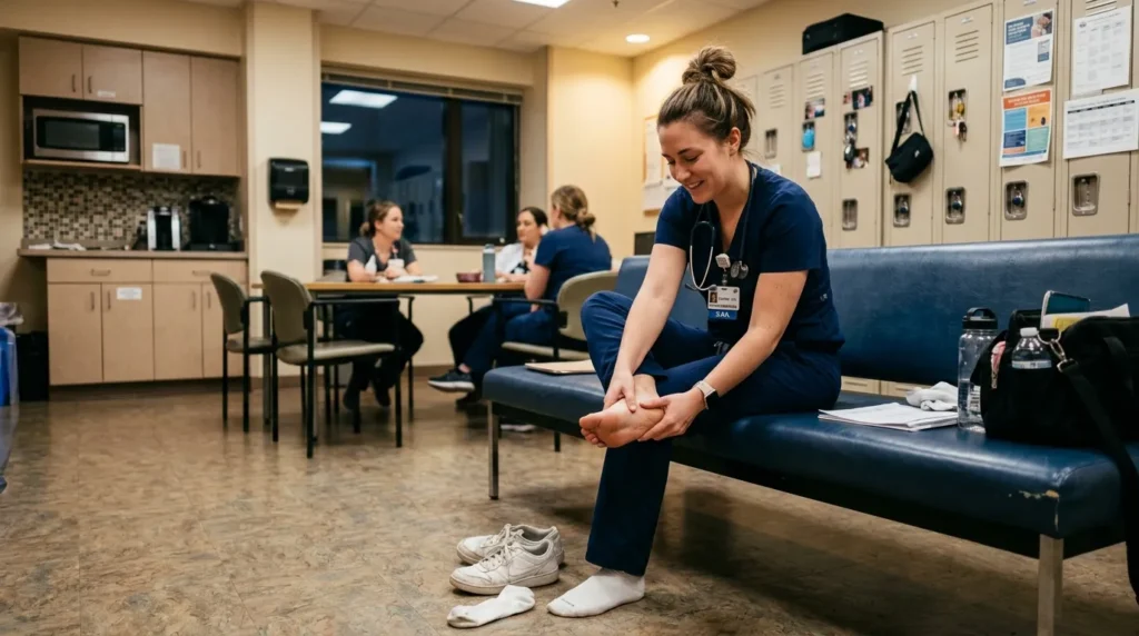 Nurse rubbing tired aching feet after a long 12-hour hospital shift