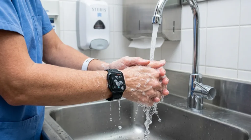 Nurse washing hands while wearing a water-resistant smartwatch, showing hygiene compliance in a clinical setting