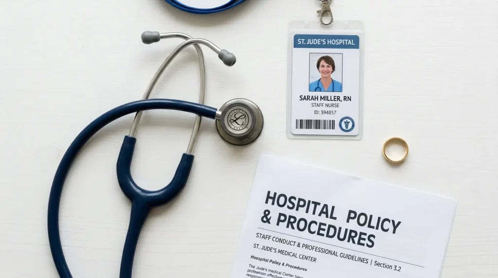 Hospital dress code policy document next to a nurse's ID badge and stethoscope on a white desk