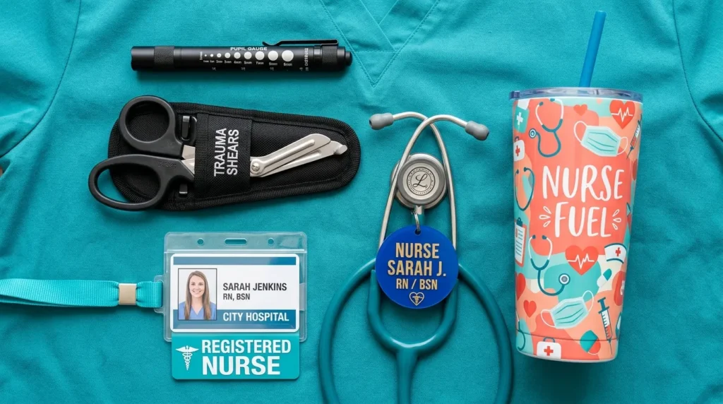 Nurse's essential accessory toolkit laid out flat including penlight with pupil gauge, trauma shears in holster, stethoscope tag, and a colorful tumbler