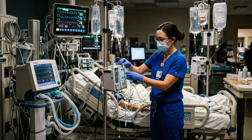 ICU nurse in royal blue scrubs adjusting IV equipment beside a critically ill patient connected to multiple monitoring devices