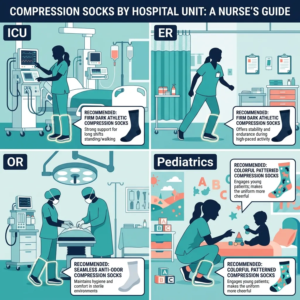 Four nursing specialties — ICU, ER, OR, and pediatrics — each requiring different types of compression socks for optimal leg support