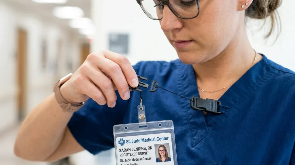Demonstration of a breakaway badge reel detaching safely from scrub top when pulled, showing the quick-release safety mechanism