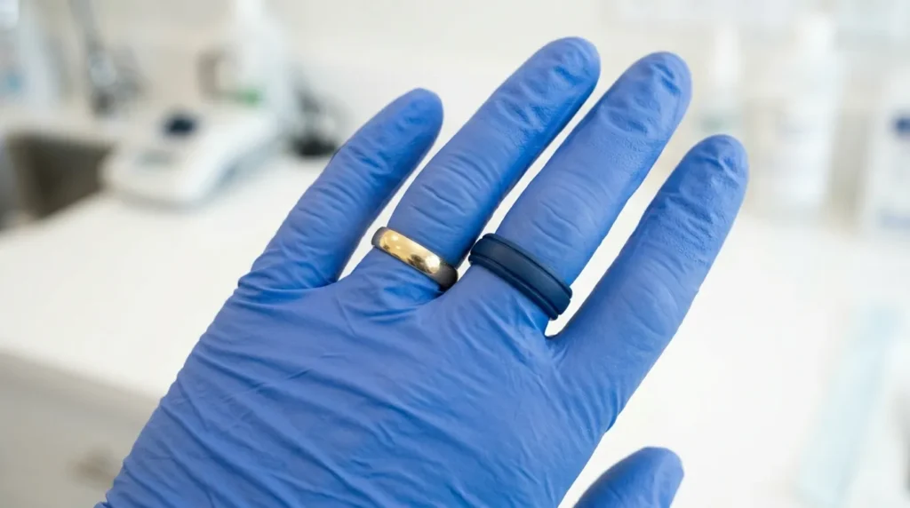 Comparison of a plain smooth wedding band versus a silicone ring on a nurse's gloved hand