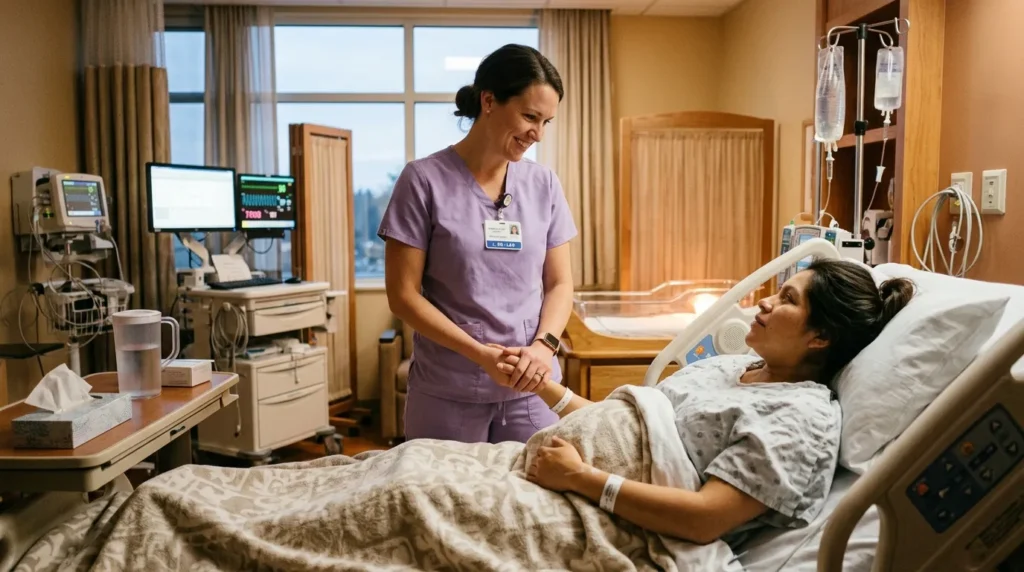 Labor and delivery nurse in purple scrubs supporting a patient during childbirth, demonstrating the flexibility and warmth required in L&D nursing