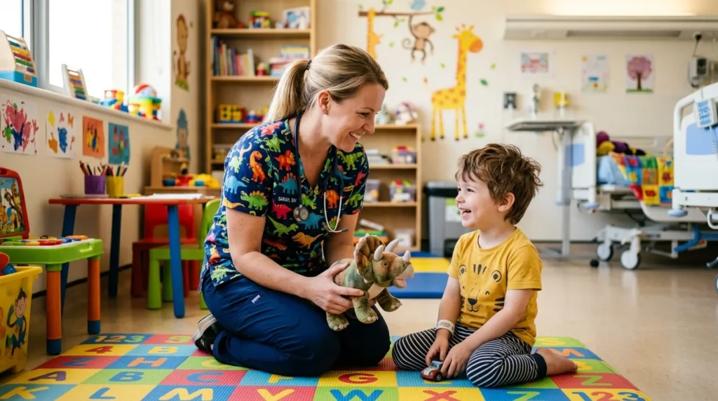 Pediatric nurse in bright colorful cartoon-print scrubs sitting at child height beside a young patient, creating a calming and playful environment