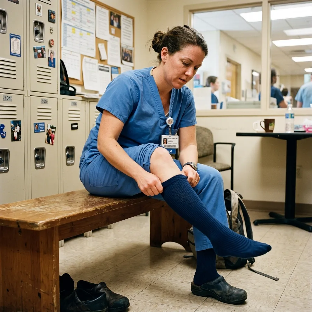 Nurse wearing compression socks during a long hospital shift, showing leg support and comfort