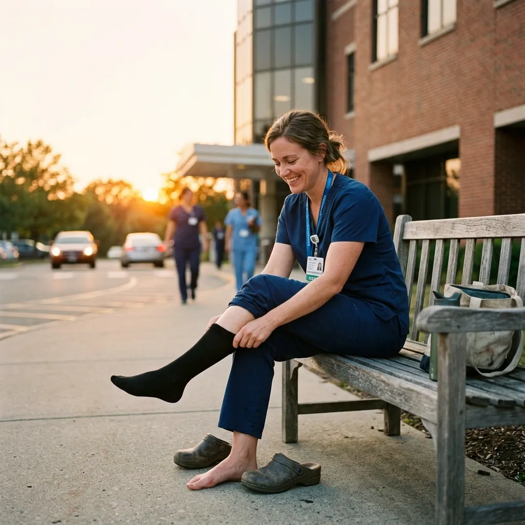 appy nurse after a 12-hour shift showing healthy, rested legs thanks to wearing quality compression socks throughout the day