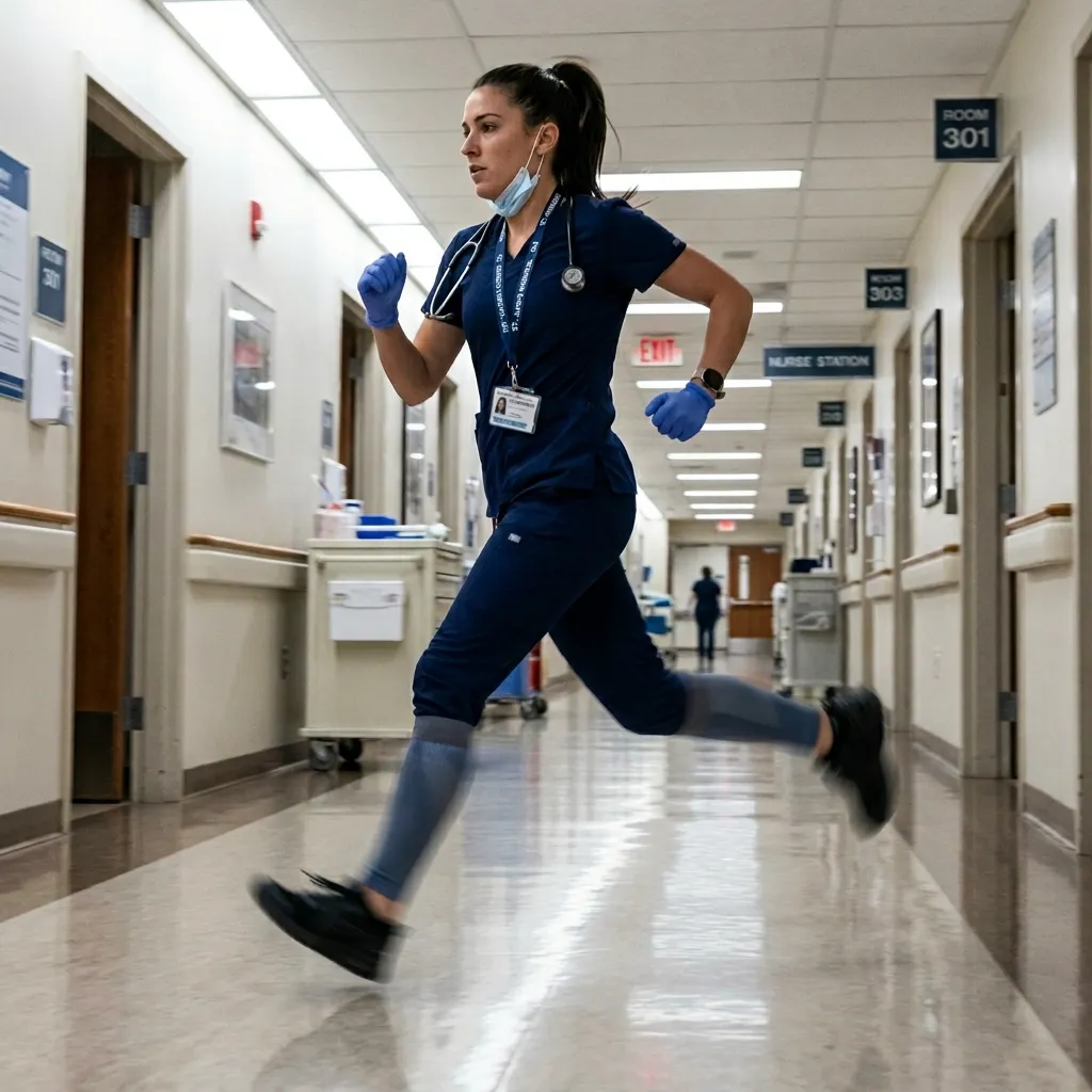 Nurse running down a hospital corridor in compression socks during a rapid response emergency situation