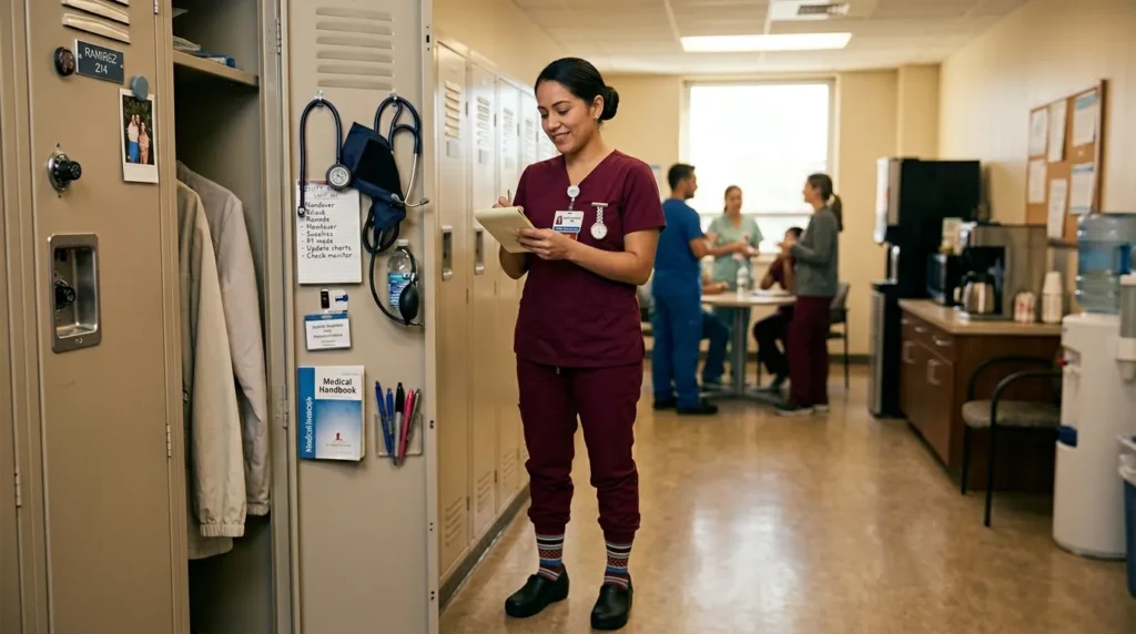 A well-accessorized nurse reviewing a checklist before her hospital shift, wearing a fob watch, badge reel, and stud earrings