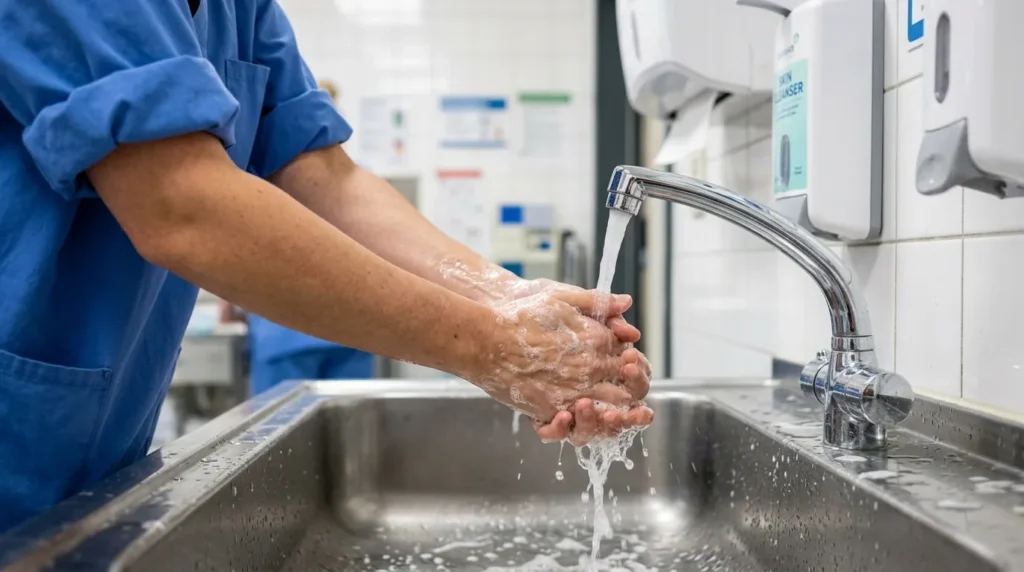 Close-up of a nurse washing hands at a sink, showing bare wrists with no jewelry for infection control compliance