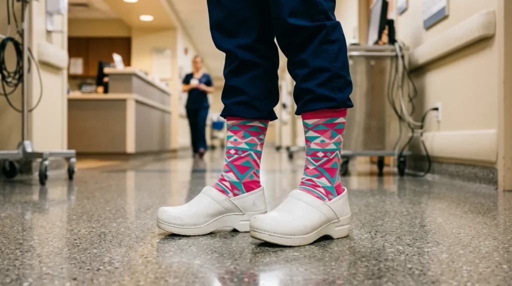 A nurse's legs wearing vibrant patterned compression socks visible above white nursing clogs during a long hospital shift