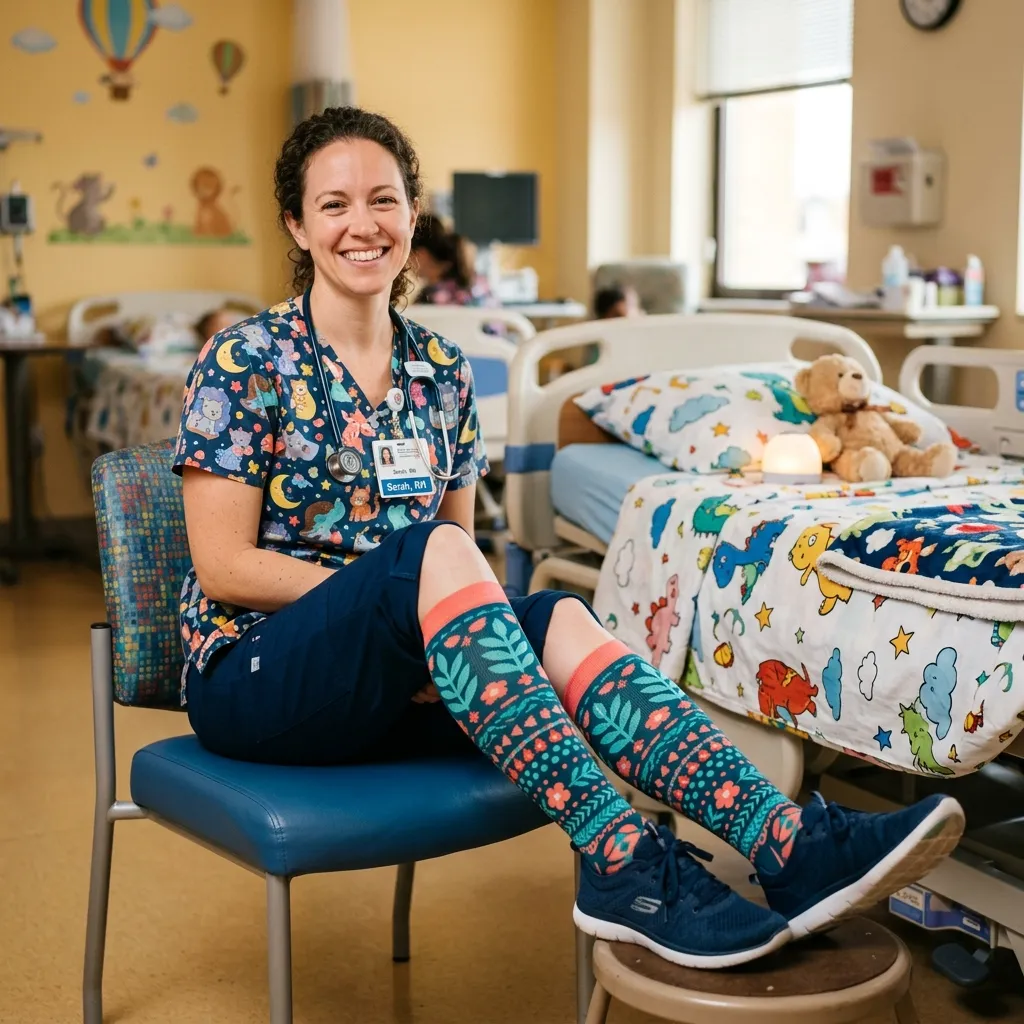 Colorful patterned Vim & Vigr compression socks worn by a pediatric nurse with fun designs visible