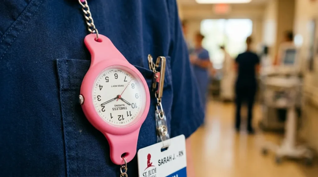 A colorful fob watch clipped to the chest pocket of navy blue scrubs, showing the watch face with a clear second hand