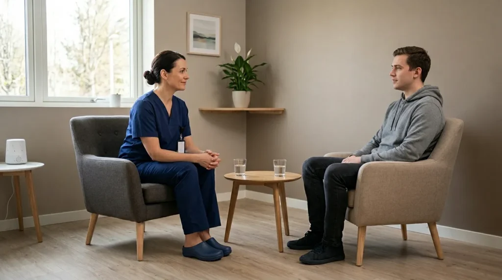 Psychiatric nurse in solid navy scrubs without drawstrings sitting calmly across from a patient in a de-escalation conversation, illustrating safety-focused scrub design