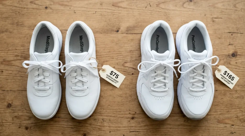 Side by side comparison of affordable and expensive nursing shoes on a wooden surface