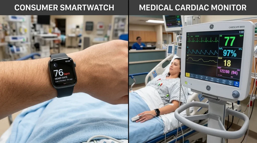 Smartwatch heart rate reading compared to a hospital cardiac monitor, illustrating clinical accuracy testing