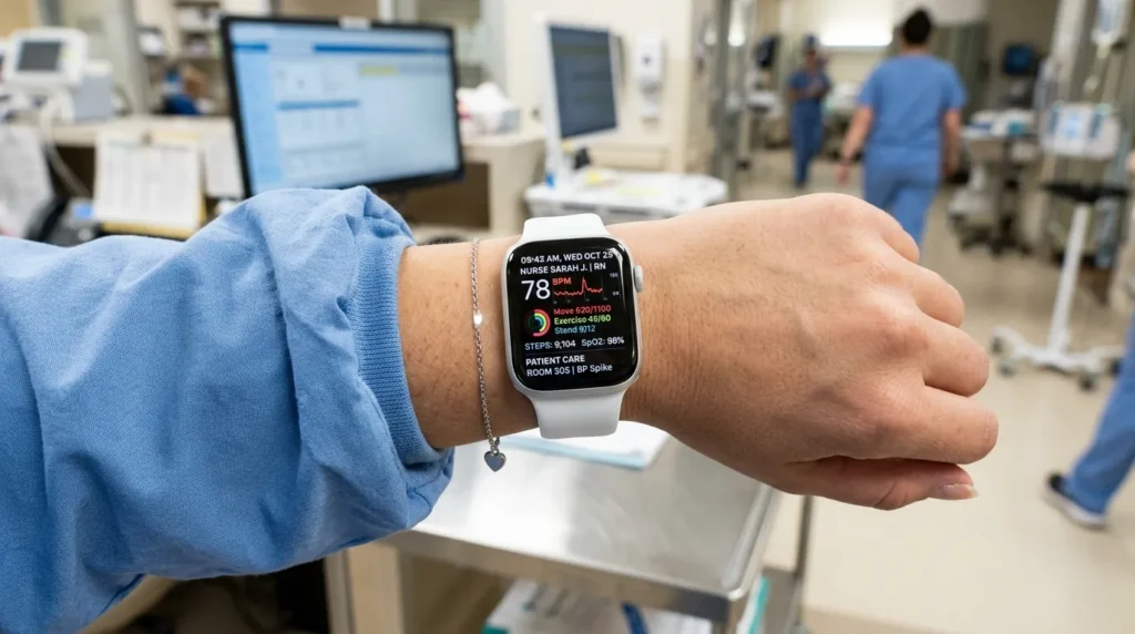 Smartwatch with always-on health tracking display worn by a nurse in scrubs
