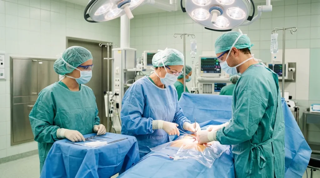 Surgical team in traditional teal green OR scrubs, surgical caps, and masks standing around an operating table under bright surgical lights