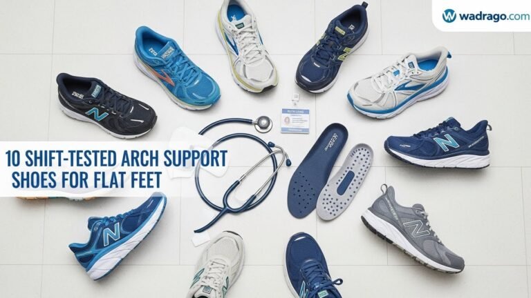 Ten-best-arch-support-nursing-shoes-for-flat-feet-arranged-on-hospital-floor-with-stethoscope-and-orthotics-tested-by-RGN-nurse