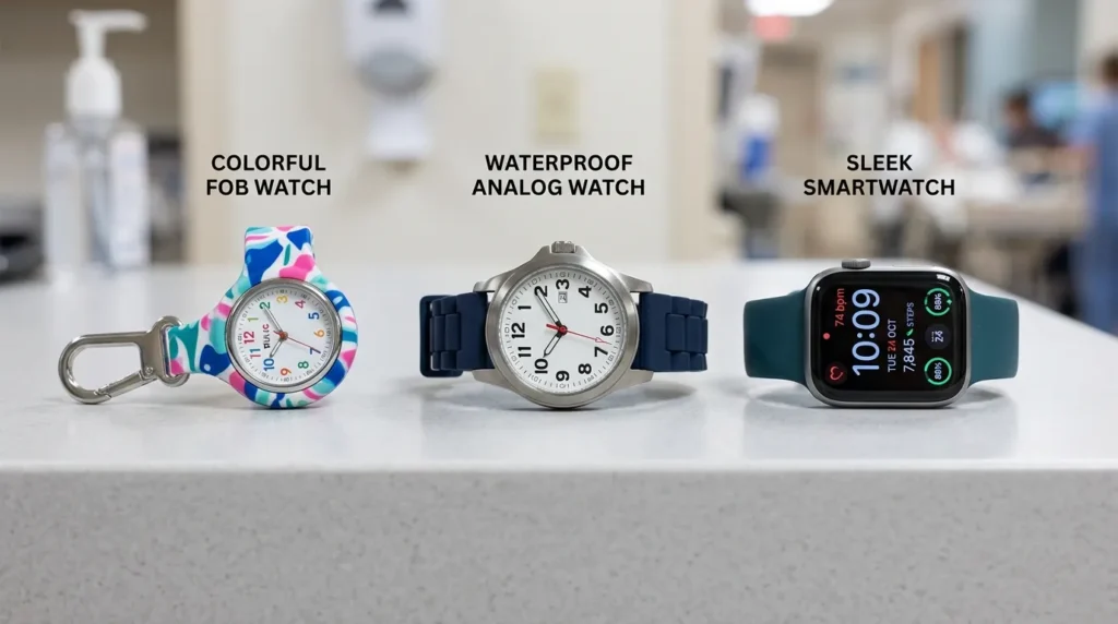 Three types of nurse-appropriate watches side by side: a fob watch clipped to scrubs, a silicone-band analog watch, and a smartwatch